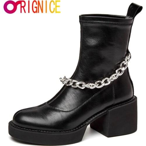 Orignice Autumn Winter Women Ankle Boots Fashion Metal Chain High Quality Leather Platform Square Heels Punk Style Ladies Shoes
