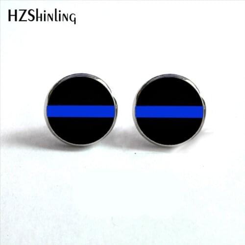 NES-00116 Thin Blue Line Stud Earrings Gold Line Jewelry Black and Blue Art Photo Earring Glass Dome Earrings HZ4