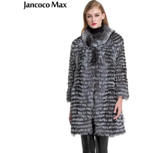 New Design Women Knitted Real Silver Fox Fur Long Coat Luxury Natural Fur Outerwear Lady Top Quality S7384