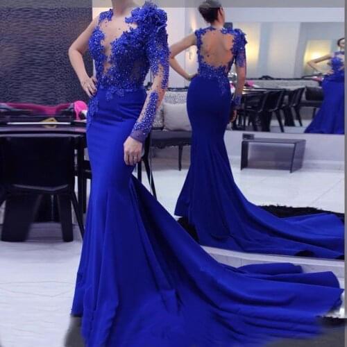 Abendkleider Royal Blue Mermaid Formal Jumpsuit Evening Dress 2021 Soft Satin Crystals Pearls Beaded Prom Party Gowns Arabic