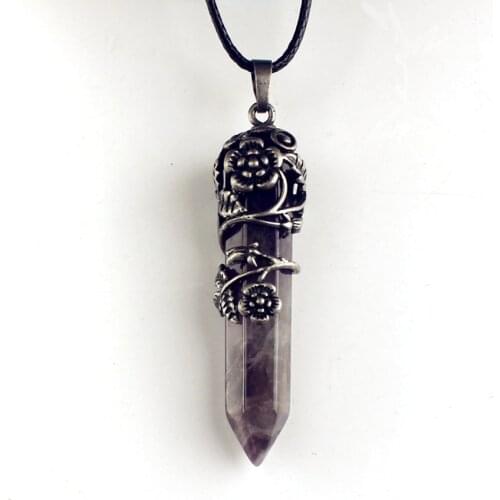 100-Unique Trendy Silver Plated Purple Amethysts Crystal Hexagonal Prism Inlay Flower Leaf Pendant Fashion Jewelry