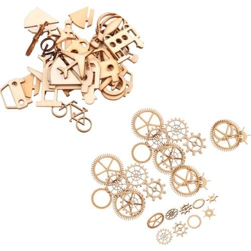 60pc MDF Cut Wood Vehicle Punk Gear Shapes Natural Wooden Embellishment Scrapbooking Craft Handmade Accessories Home Decorations