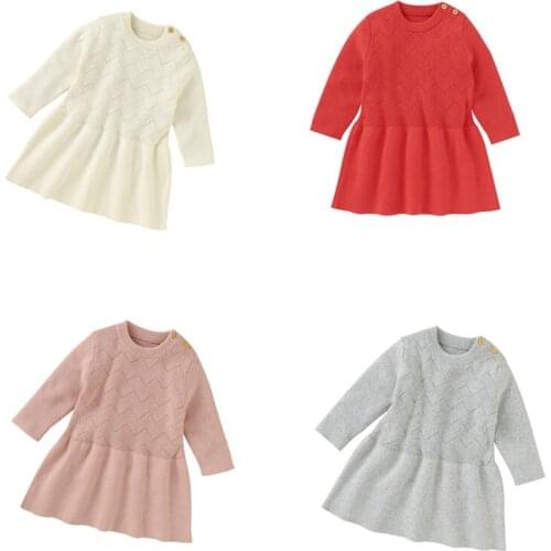 Cathery Infant Baby Girls Dresses Cute Knit Sweater Dress Solid Long Sleeve Ruffle Skirt Autumn Winter Warm Childrens Clothing