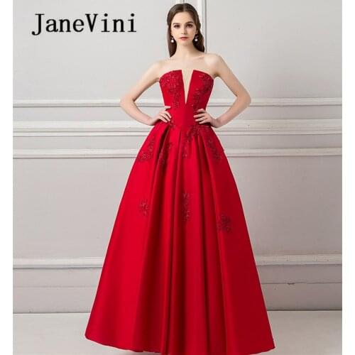 JaneVini Red Beading Long Bridesmaid Dresses for Weddings Backless Lace Appliques Floor Length Formal Gowns Maid Of Honor Dress