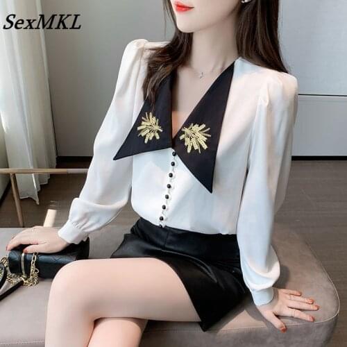 Elegant White Office Blouses Women 2021 Korean Fashion Puff Sleeve Chiffon Tops Autumn Winter Sexy Long Sleeve French Blusas XXL