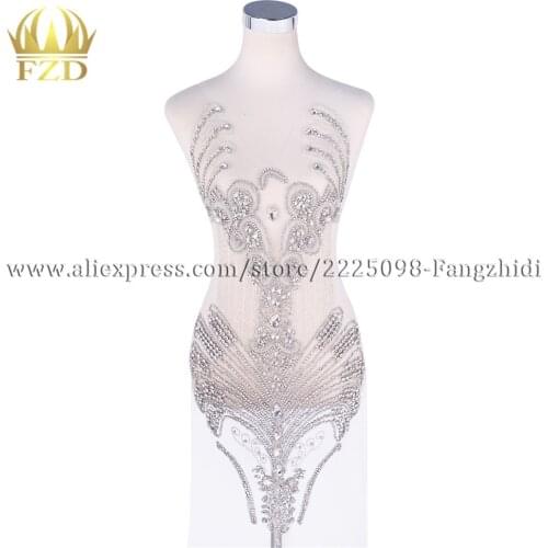 FZD 1 Piece Bodice applique Dress Gold Rhinestones Craft Patch For Wedding Party Dress Decor Trimming Fabric DIY Fabric Panel