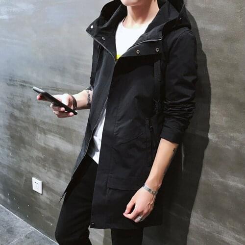 New 2019 autumn long hooded jacket young handsome pure color dust coat cultivate morality