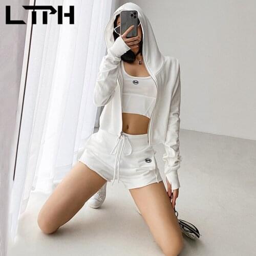 LTPH Fashion All-match sportswear set women 3 pieces Sports short vest hooded jacket fitness Jogging shorts sets 2021 spring new