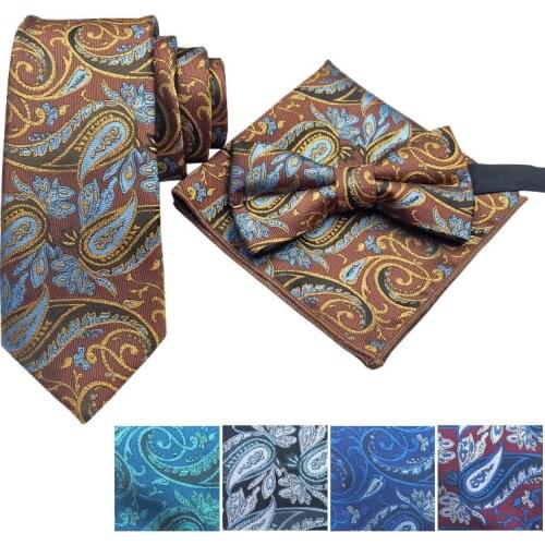 Suit Tie set Paisley Jacquard Woven Mens Tie Bowtie Handkerchief Set Neck Tie 7cm Ties for Men Suit Business Wedding Butterfly
