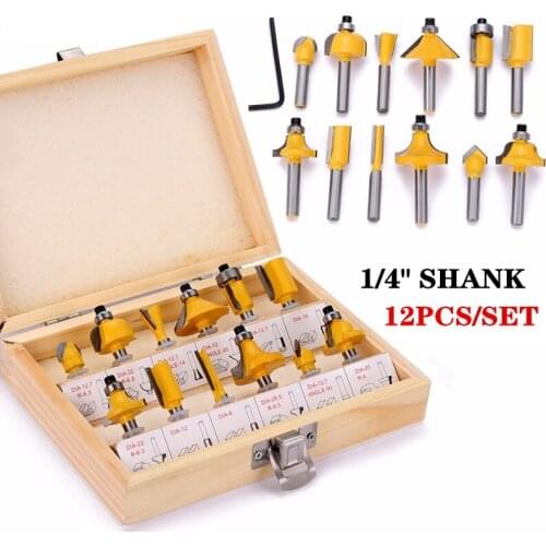 12pcs/set 1/4 Shank Tungsten Carbide Woodworking Tools Set Wood Engraving Cutting Milling Cutter Router Bit Set