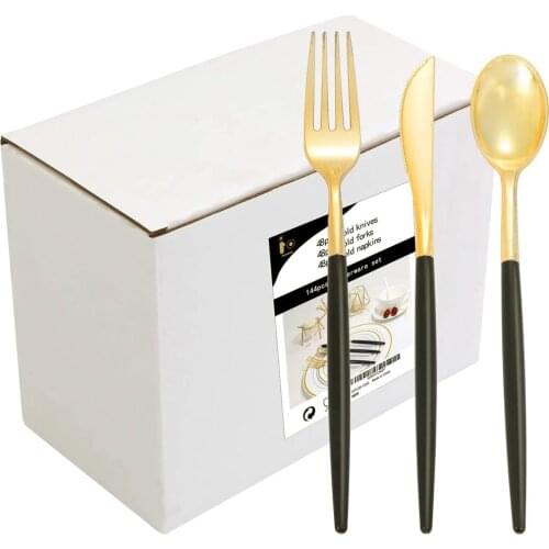 30 Pieces of Golden Plastic Silverware Disposable Tableware With Black Handle Golden Plastic Cutlery Set for Party Decoration