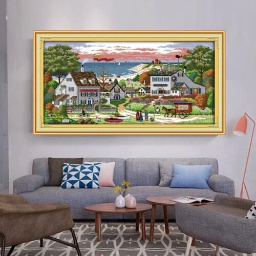 The bay Cross Stitch Kits fairy tale patterns Printed canvas Seaside house Embroidery Needlework Easy Cross-stitch set 14CT11CT