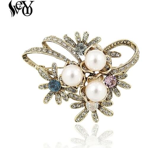 VEYO Newest Imitation Pearl Rhinestone Crystal Flower Bridal Brooch Pins for Woman Hats Clips Corsages Brand Costume Jewelry