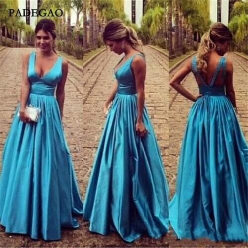 New Evening Dresses A-Line Long Party Dress V-Neck Backless Satin Floor Length Pleat Elegant Evening Dress