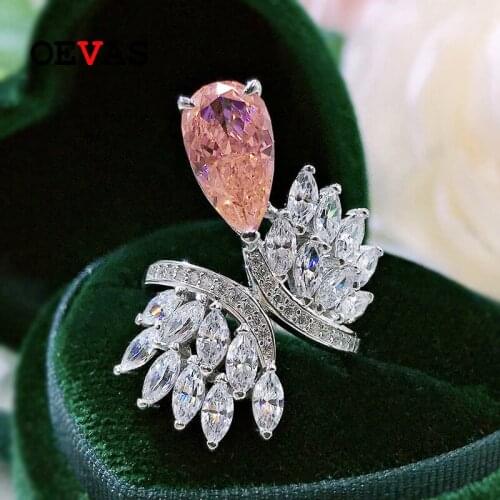 OEVAS 100% 925 Sterling Silver 7*13mm Paparacha Pink High Carbon Diamond Flower Rings For Women Sparkling Wedding Fine Jewelry