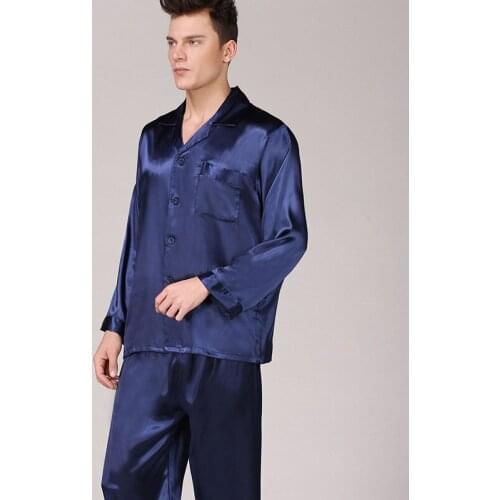 Navy Blue Pajama Set For Men Sleep Top Silk SleepwearCasual Nightwear 2PCS Home Suit Pants Pyjama Nightgown Plus Size 3XL