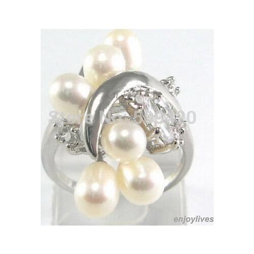 Genuine White 6 Pearl White - Crystal Flower Ring Size: 7.8.9