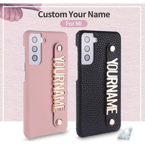 Luxury Custom Initial Name Pebble Leather Phone Case For MI 8 9 Redmi Note 7 8 Pro Personalized Metal Letters Phone Funda Coque