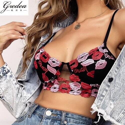 Sexy Lips Embroidered Vest Short Lace Suspender Top Steel Bone Little Lady Cute Underwear Bra