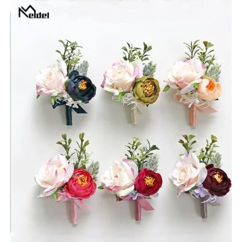 Meldel Wedding Boutonniere Bride Wrist Corsage Silk Rose Bridesmaid Wrist Flower Girl Bracelet Sister Corsage Men Brooch Flowers