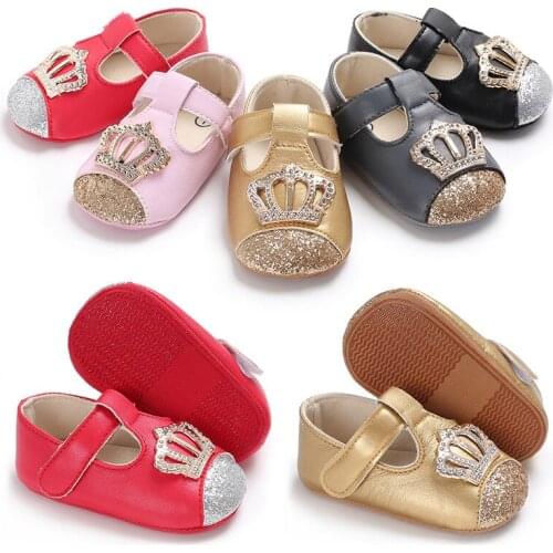 Spring and Autumn Fashion Girls Princess Crown Pattern First Walkers Baby Shoes Soft Bottom PU Anti-Skid Childrens Shoes