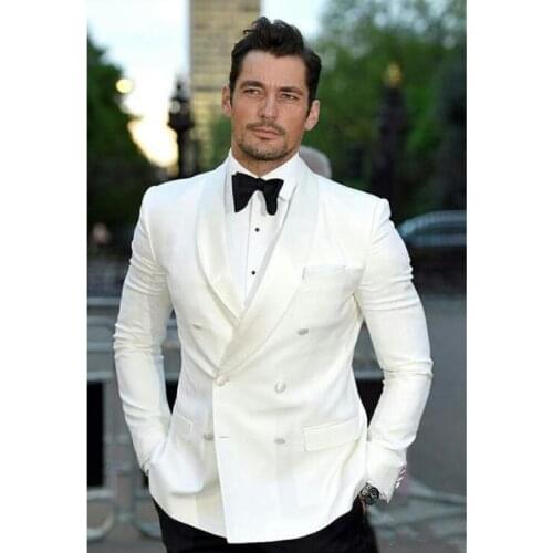 High Quality Double Breasted Ivory Groom Tuxedos Shawl Lapel Groomsmen Mens Suits Blazers (Jacket+Pants+Tie) W:670