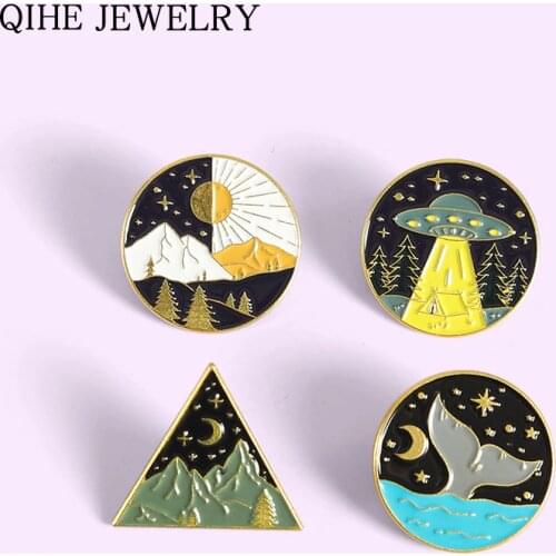 Outdoors Adventure Enamel Pin Cute Sun UFO Brooches for Women Cartoon Round Geometry Lapel Pins Badge Jewelry Gift Wholesale