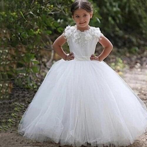 White Lace Applique Flower Girls Dresses For Wedding Pleated Tulle Girls First Communion Dresses Girls Special Occasion Dresses