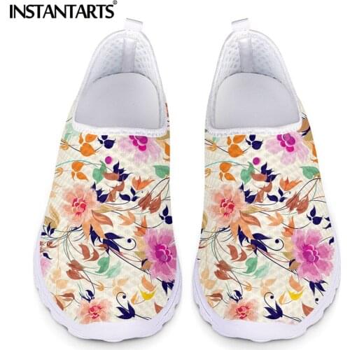 INSTANTARTS Summer Comfort Cool Mesh Sneakers Brand Design Flowe With Leaves Print Femme Flat Shoes Lightweight Slip-on Loafers