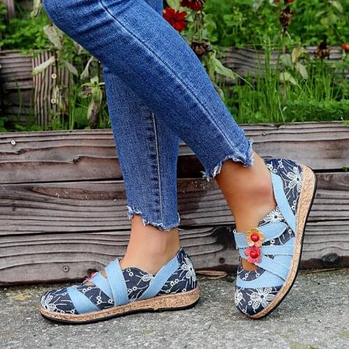 NEW Vintage Floral Genuine Leather Splicing Colored Stitching Hook Loop Flat Shoes Spring Summer Casual Women Flat Shoes New