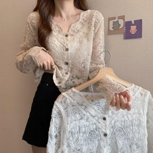 New Korean style hook flower hollow out long-sleeved cardigan shirt women