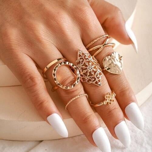 HI MAN 8 Pcs/Set Bohemian Mixed Hollow Round Heart Geometric Flower Ring Women Fashion Temperament Wedding Jewelry