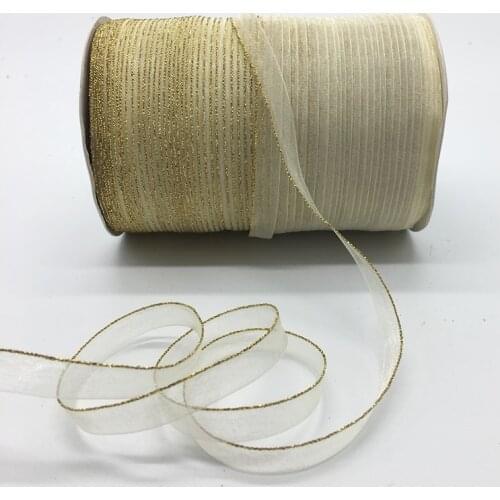 10yds/lot 3/8" 10mm Cream Glitter Golden Rimmed Organza Ribbon Bow Hair Wedding Decoration Lace Crafts