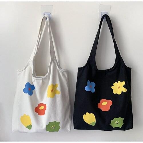 2019 Women Flower Canvas Shopping Bags Cloth Shoulder Bag Girls Eco Bag Daily Use Foldable Handbags Tote Black White