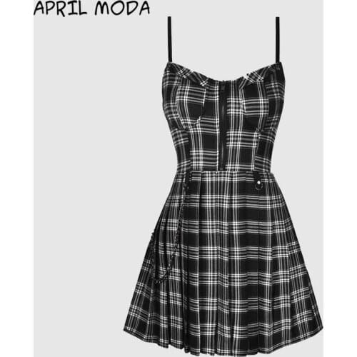 2020 Fashion Spring Summer Preppy style Gothic Girls Sexy Sling Dress Red Balck Pleated Plaid Women Sleeveless Short Dress