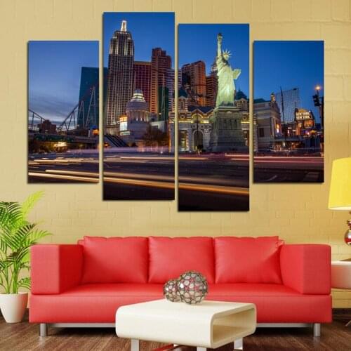 No Frame 4 Piece Home Decor Statue of Liberty and Las Vegas Night Canvas Print Oil Painting Wall Art Picture for Living Room