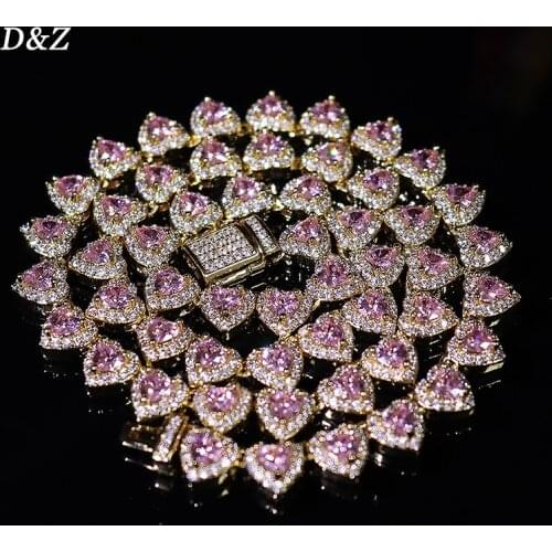 D&Z 7mm Heart Shape Tennis Chain Choker Necklace In Rose Gold Iced Out CZ Stones Female Fashion Statement Jewelry Birthday Gift