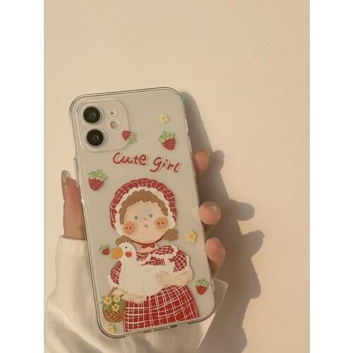 Retro Art Cute Strawberry Girl Phone Case For iPhone 12 11 Pro Max X Xs Max Xr 7 8 Puls SE 2020 Cases Clear Soft TPU Cover