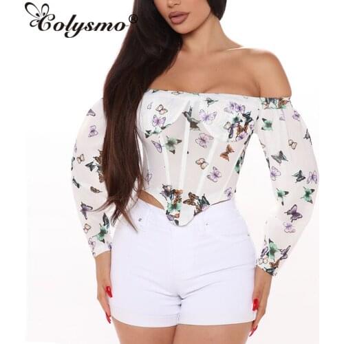 Colysmo Sexy Boned Corset Tops Women Slash Neck Long Sleeve Summer Blouses Butterfly Print See Through Mesh Padded Blusas 2020