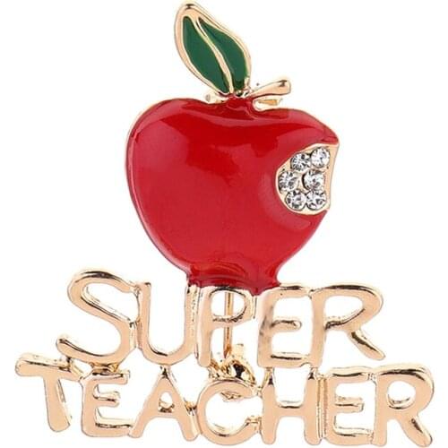 Enameled Christmas Red Apple And Super Teacher Brooch Pins For Xmas Days Gifts