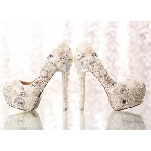 Classic Heels White Pearl Bride Bead Shoes Sparkling Bridal Wedding Dress Shoes Formal Prom Rhinestone Crystal Bridal Dress