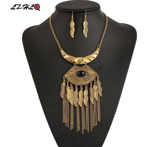LZHLQ Maxi Vintage Carved Pendant Necklaces Ethnic Leaf Tassel Necklace Metal Mosaic Resin Accessory Brand Jewelry Statement