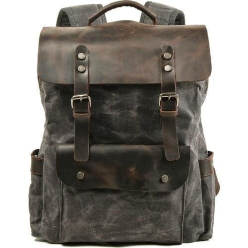 Muchuan Outdoor Computer Backpack Student Waterproof Bag Cotton Waxed Canvas with the Header Level Crazy Horse Leather Backpack