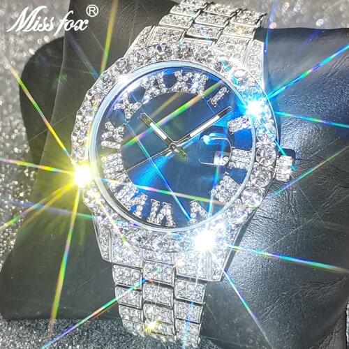 Hip Hop MISSFOX Blue Men Iced Out Bling Watches Waterproof Luxurious Quartz Fashion WristWatch Top Brands Watch Clocks Jewelry