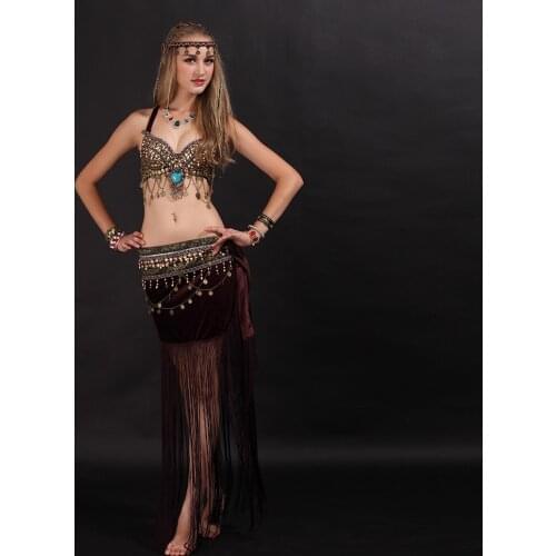 Size S-XL Belly Dancing Clothes Tribal 2pcs Set Coins Bra, Tassel Hip Scarf Tribal Belly Dance Costume Set Performance