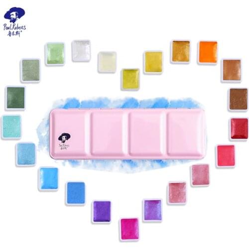 Paul Rubens 24 color pearlescent color watercolor paint set portable metal box solid watercolor paint with palette art supplies