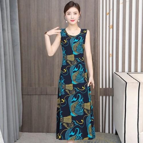 New Middle-aged Womens Summer Printed Dress Floral A-line Sleeveless Dress Vest Long Loose Dress Casual Dress Beach