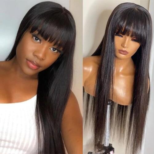 Wig With Bangs Human Hair Wig With Front Bang 13x4 Lace Front Human Hair Wigs Straight Lace Front Wig With Fringe PrePlucked 150
