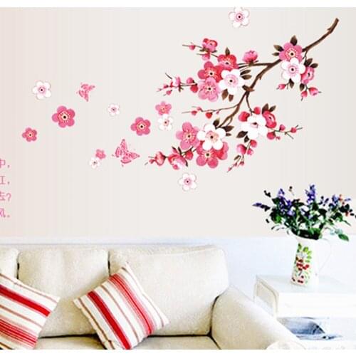 PVC Room Peach Blossom Flower and Butterfly Wall Stickers Vinyl Art Decals Decoration Mural Pink Spring Wall Sticker Home Decor