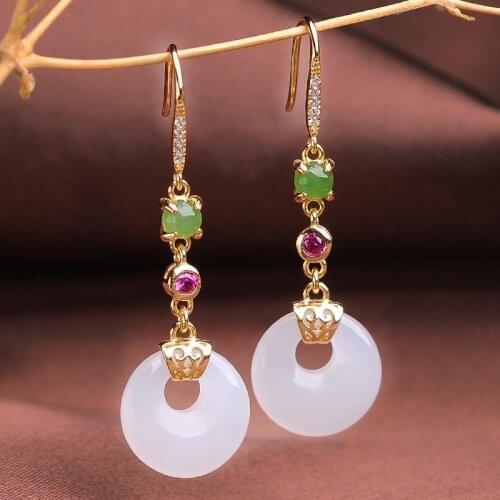 Original Design Hetian Jade Ear Studs S925 Silver Inlaid Hetian White Jade Earrings Natural White Jade Earrings Womens Earrings